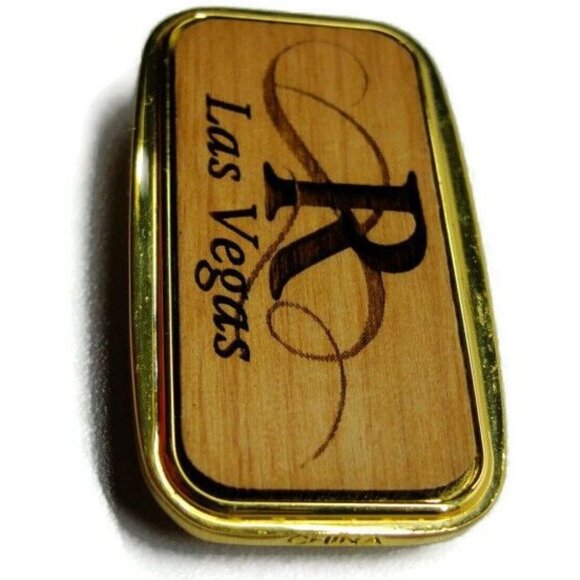 Money Clip "R" Las Vegas Wallet Credit Card Holder Gold Tone Wooden - Picture 10 of 10